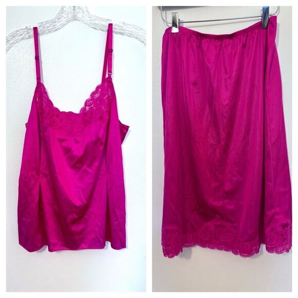 Vintage Vanity Fair Hot Pink Fuchsia Camisole And Half Slip - Picture 1 of 12